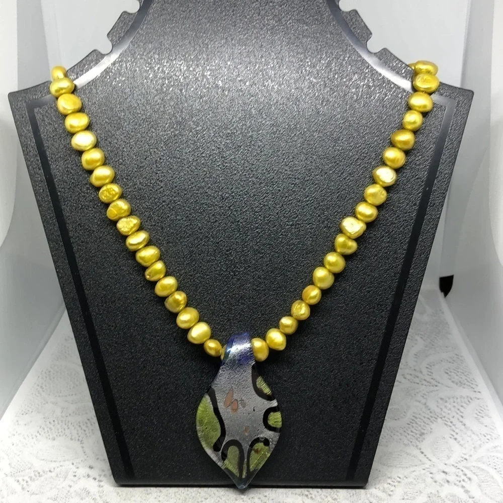 ARTISAN freshwater pearl necklace art glass pendant sterling boho colorful fun